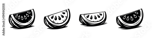 Black and white vector illustration of watermelon slices in silhouette style