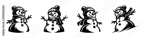 Black and white vector illustration of snowman silhouettes in winter hats and scarves