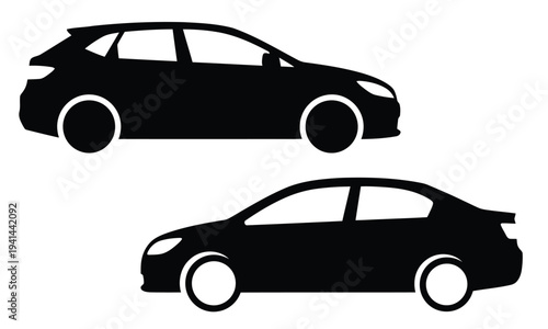 Black silhouette of a hatchback and a sedan car side view automobile vehicle