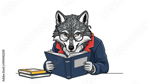 Distinguished wolf character wearing glasses and a suit jacket, engrossed in an open book, symbolizing intelligence and knowledge.