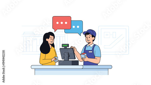 Female customer engaging in conversation with a male cashier at a store checkout counter, indicated by chat bubbles.