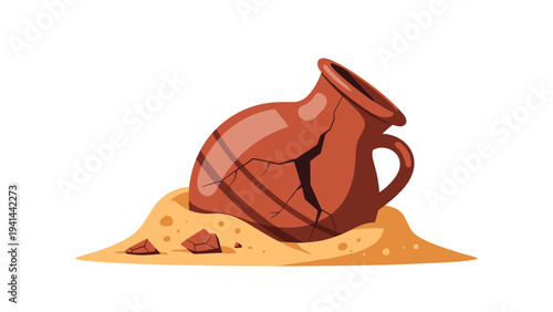 Cracked terracotta pot or amphora partially buried in sand, surrounded by small rocks, symbolizing archaeological discovery and ancient history.