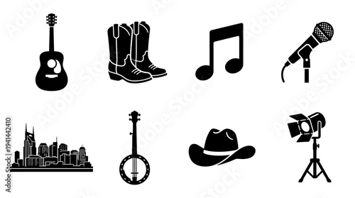Nashville Country Music Icon Set – Americana Lifestyle Illustrations Featuring Acoustic Guitar, Cowboy Boots, Musical Note, Microphone, City Skyline, Banjo, Cowboy Hat, and Stage Spotlight