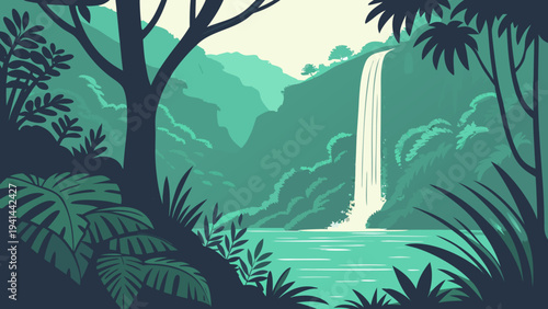 Hidden Tropical Valley with Waterfall and Glowing Blue Lake Vector Illustration