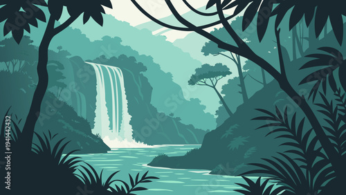 Hidden Tropical Valley with Waterfall and Glowing Blue Lake Vector Illustration