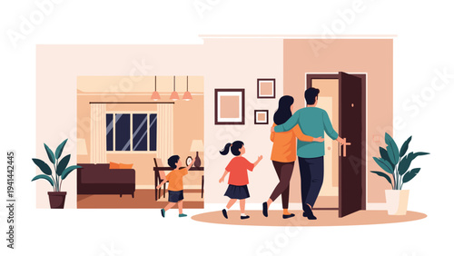 Happy family, including parents and two children, joyfully entering their home through an open door, symbolizing homecoming and comfort.