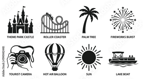 Vacation & Leisure Icon Set – Travel and Entertainment Illustrations Featuring Castle, Roller Coaster, Palm Tree, Fireworks, Camera, Hot Air Balloon, Smiling Sun, and Motorboat