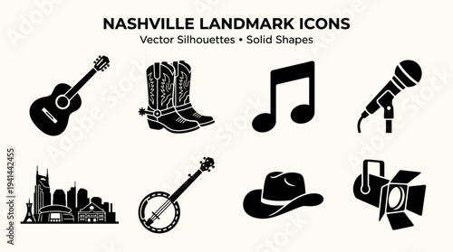 Nashville Country Music Icon Set – Americana Lifestyle Illustrations Featuring Acoustic Guitar, Cowboy Boots, Musical Note, Microphone, City Skyline, Banjo, Cowboy Hat, and Stage Spotlight
