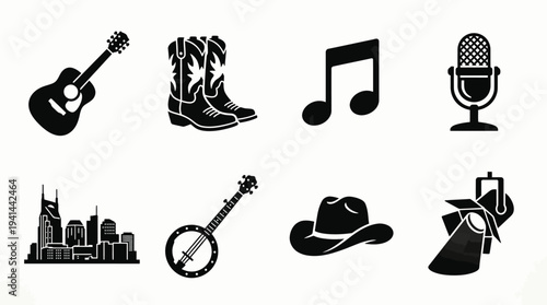 Nashville Country Music Icon Set – Americana Lifestyle Illustrations Featuring Acoustic Guitar, Cowboy Boots, Musical Note, Microphone, City Skyline, Banjo, Cowboy Hat, and Stage Spotlight