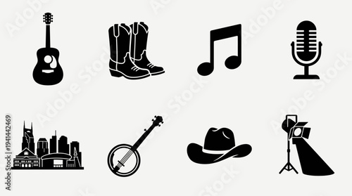 Nashville Country Music Icon Set – Americana Lifestyle Illustrations Featuring Acoustic Guitar, Cowboy Boots, Musical Note, Microphone, City Skyline, Banjo, Cowboy Hat, and Stage Spotlight