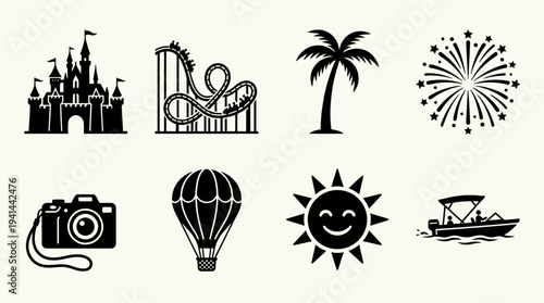 Vacation & Leisure Icon Set – Travel and Entertainment Illustrations Featuring Castle, Roller Coaster, Palm Tree, Fireworks, Camera, Hot Air Balloon, Smiling Sun, and Motorboat