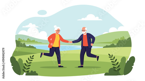Happy elderly couple joyfully running hand-in-hand in a beautiful green park, symbolizing active aging and a healthy lifestyle.