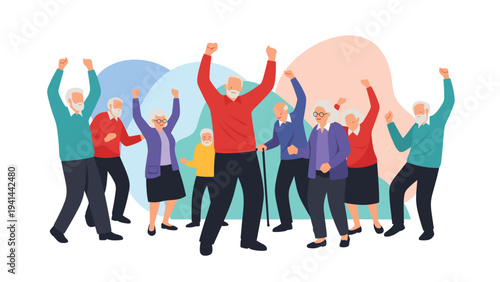 Diverse group of joyful elderly people enthusiastically dancing and celebrating, raising their arms in happiness and vitality.