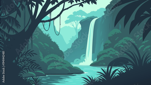 Hidden Tropical Valley with Waterfall and Glowing Blue Lake Vector Illustration