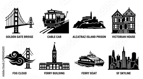 San Francisco Icon Set – Landmarks and Cultural Lifestyle Illustrations Featuring Golden Gate Bridge, Cable Car, Alcatraz Island, Victorian Houses, Fog Cloud, Pier Building, Ferry Boat, and Skyline