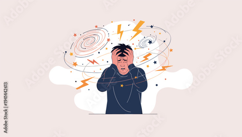 Stressed man experiences mental overload, holding his head amidst swirling lines and lightning, symbolizing anxiety, confusion, and panic.
