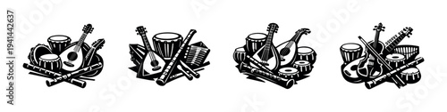 Set of traditional musical instruments silhouette including drums flutes and string instruments