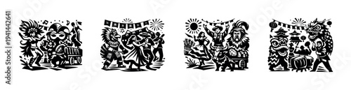 Festive black and white vector set of cultural celebrations and characters