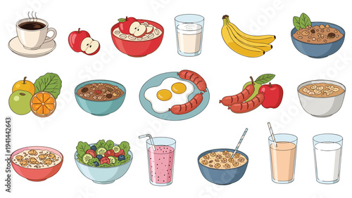 Collection of delicious and healthy breakfast foods, including coffee, oatmeal, fruits, eggs, sausages, salads, and fresh juices.