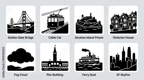San Francisco Icon Set – Landmarks and Cultural Lifestyle Illustrations Featuring Golden Gate Bridge, Cable Car, Alcatraz Island, Victorian Houses, Fog Cloud, Pier Building, Ferry Boat, and Skyline