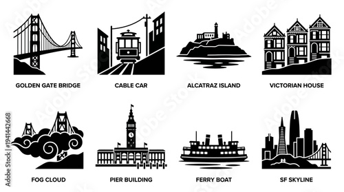 San Francisco Icon Set – Landmarks and Cultural Lifestyle Illustrations Featuring Golden Gate Bridge, Cable Car, Alcatraz Island, Victorian Houses, Fog Cloud, Pier Building, Ferry Boat, and Skyline