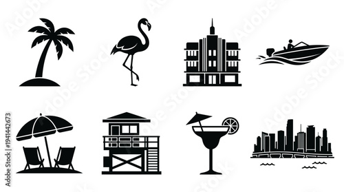 Miami Beach Icon Set – Coastal Vacation and Tropical Lifestyle Illustrations Featuring Palm Tree, Flamingo, Hotel, Speedboat, Beach Umbrella, Lifeguard Tower, Tropical Drink, and City Skyline