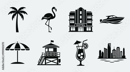 Miami Beach Icon Set – Coastal Vacation and Tropical Lifestyle Illustrations Featuring Palm Tree, Flamingo, Hotel, Speedboat, Beach Umbrella, Lifeguard Tower, Tropical Drink, and City Skyline