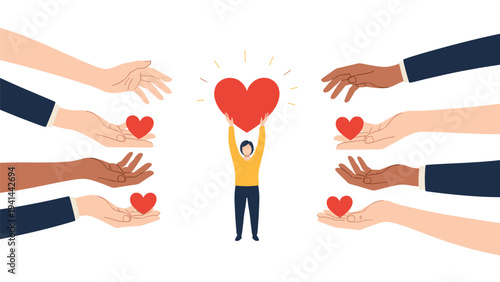 Person holding a large radiant heart, surrounded by diverse hands reaching out, symbolizing love, sharing, and universal compassion.