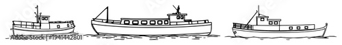 River barge set with black line art design featuring maritime vessel, riverside commerce, canal navigation with illustration and vector graphics