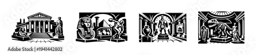 Vector illustrations of historical museum exhibits in black and white silhouette style
