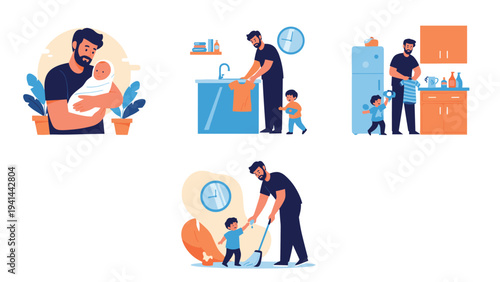 Collection of illustrations depicting a loving father engaging in various childcare and household tasks with his young children.