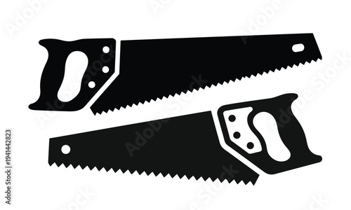 Two black hand saws with serrated blades and curved handles tool woodworking carpentry