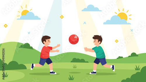 Two happy young boys joyfully playing catch with a red ball in a bright, sunny, and green grassy park on a beautiful day.