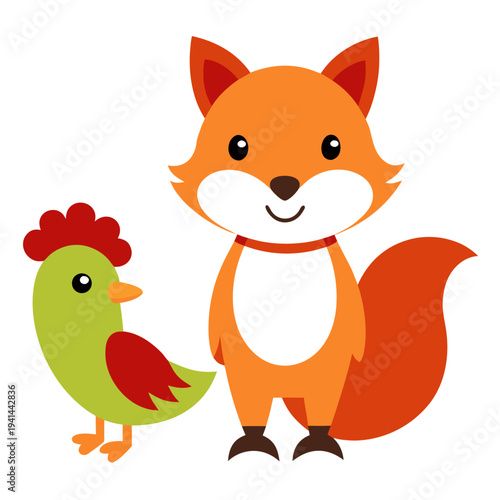 An orange cartoon fox with white facial markings and a red collar stands next to a green and red rooster on a white background.
