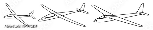 Glider aircraft set with black line art of a classic glider on white background featuring aviation, vintage, aeronautics with outline and minimalist