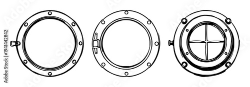 Porthole set with black line art on white background featuring maritime, nautical, ship illustration with line art and black and white