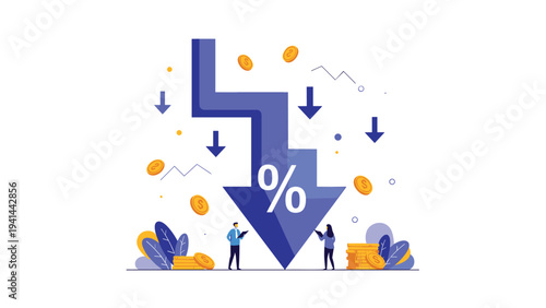 Significant financial decrease illustrated by a large downward arrow with a percentage sign, surrounded by small people and scattered coins.