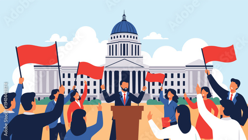 Politician delivers a passionate speech from a podium in front of a grand government building, addressing a large crowd with red flags.