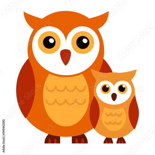 A large orange cartoon owl with brown wings stands beside a small matching owlet on a clean white background without any other elements.