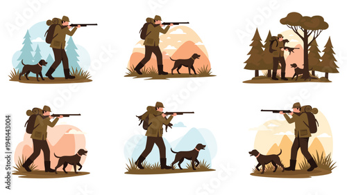 Collection of illustrations depicting a hunter with his loyal dog and a rifle, traversing diverse outdoor landscapes during hunting season.