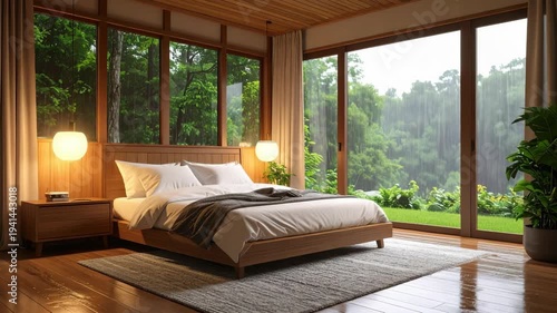 Cozy bedroom with large windows overlooking a lush forest during a rain shower