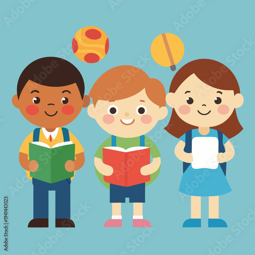 A group of three cartoon school children holding open red and green books stand beneath circular speech bubbles on a solid teal background surface.