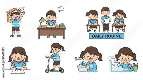 Comprehensive set illustrating children's daily routine activities, from waking up to studying, playing, and practicing hygiene.