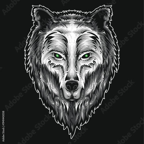 Intense wolf portrait with glowing green eyes, detailed illustration