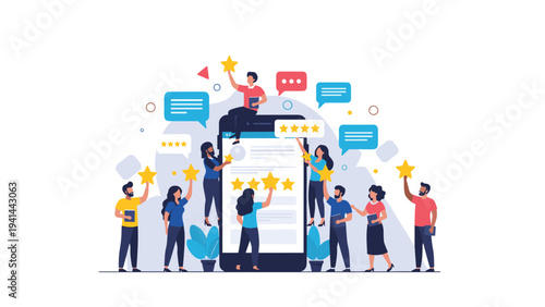 Diverse group of people provides star ratings and feedback on a giant smartphone, symbolizing online reviews, customer satisfaction, and reputation.