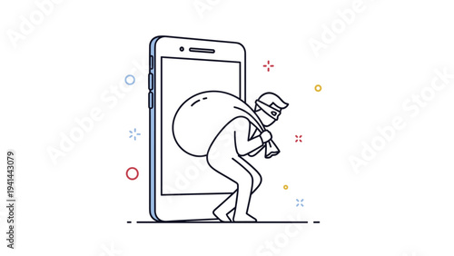 Line art illustration depicts a masked thief emerging from a smartphone, carrying a bag of stolen data, symbolizing cybercrime and data breach.