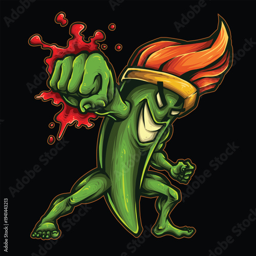 Green chili pepper character punching, bloody fist, fun art