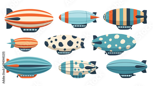 Collection of various colorful airships and zeppelins, featuring diverse patterns and designs, symbolizing vintage aviation and transportation.