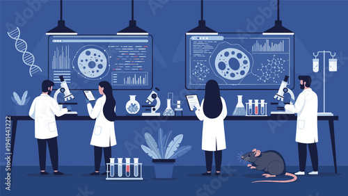 Scientists and researchers working in a high-tech laboratory, conducting experiments with microscopes, beakers, and a mouse, symbolizing advanced scientific research.