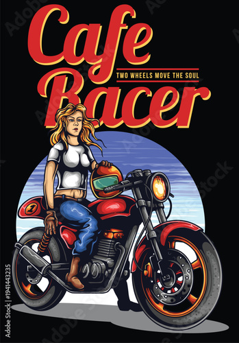 Cafe racer woman riding motorcycle with helmet retro style